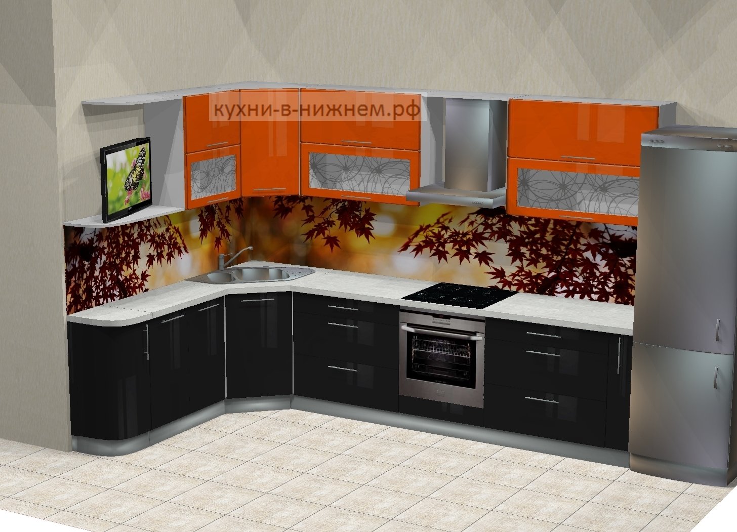 Кухня угловая низ черный верх оранжевый