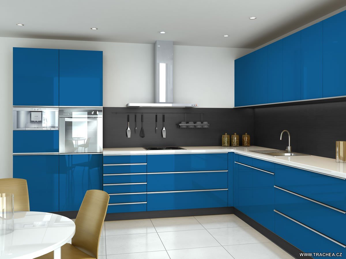 Современная угловая кухня голубого цвета