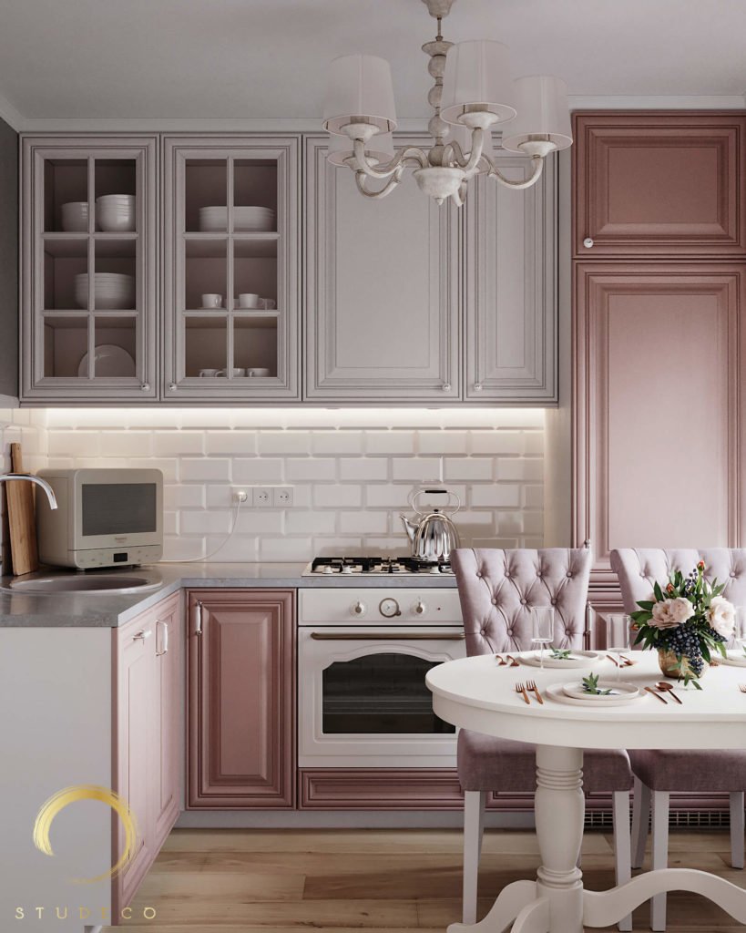 Серый с розовым в интерьере кухни