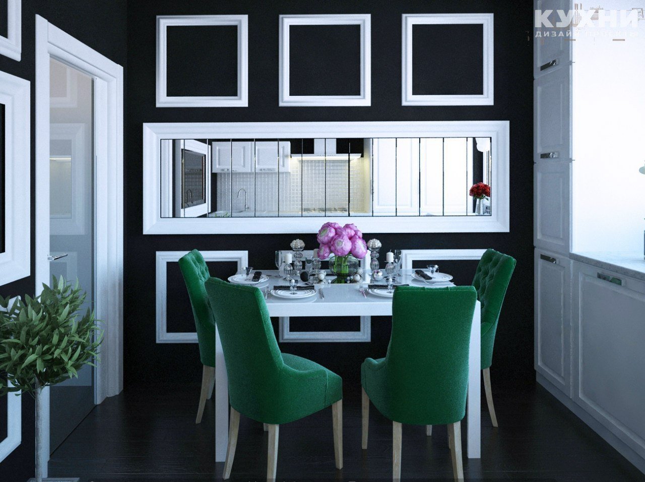 белая кухня с зелеными стульями
