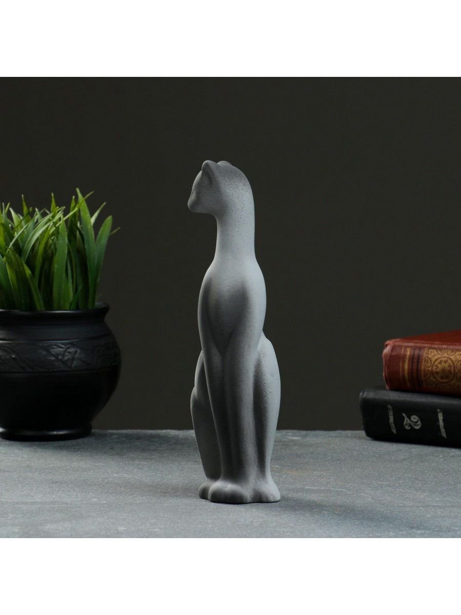 Фигура "кошка Багира" Наклоненная подпал серая/черный подпал 4×5×20см 008