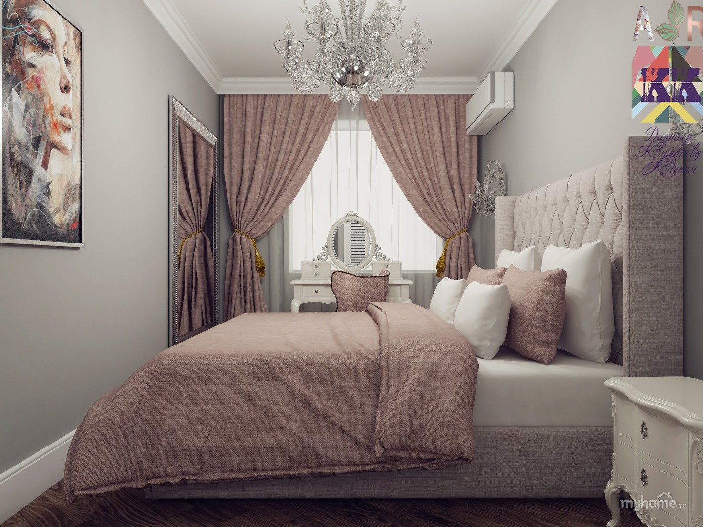 серый с розовым в интерьере спальни
