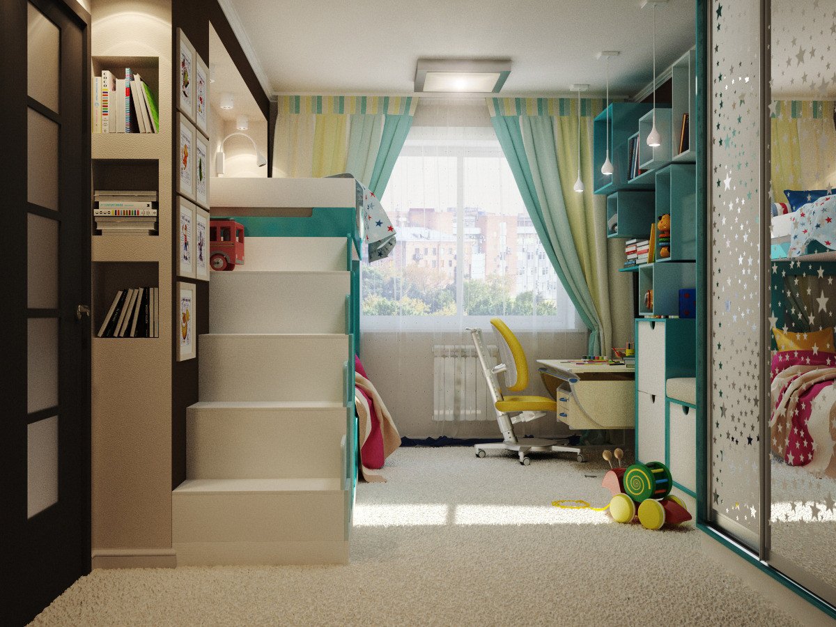 Планировка детской комнаты для двоих с балконом