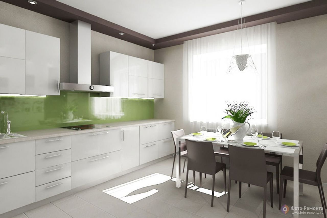 Белая кухня с зеленым фартуком