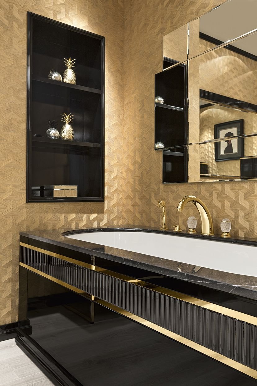 Черно золотая ванная комната (70 фото)