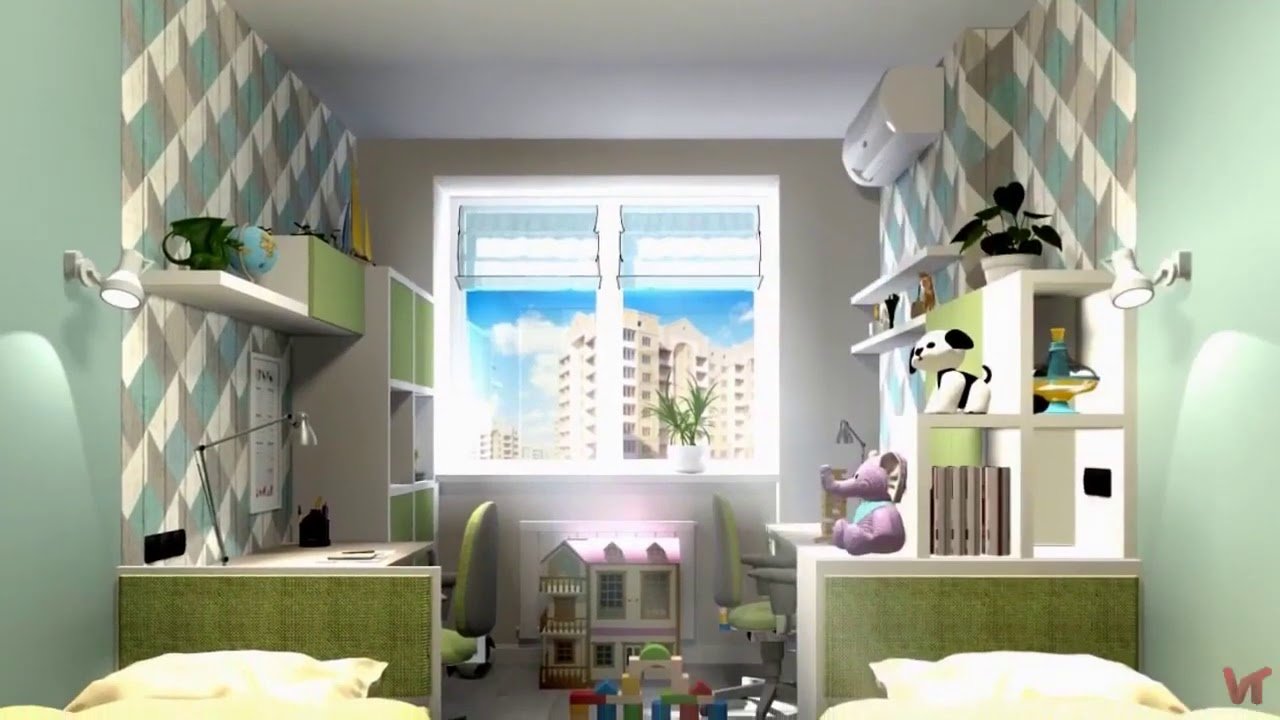 Узкая детская комната для двоих разнополых детей