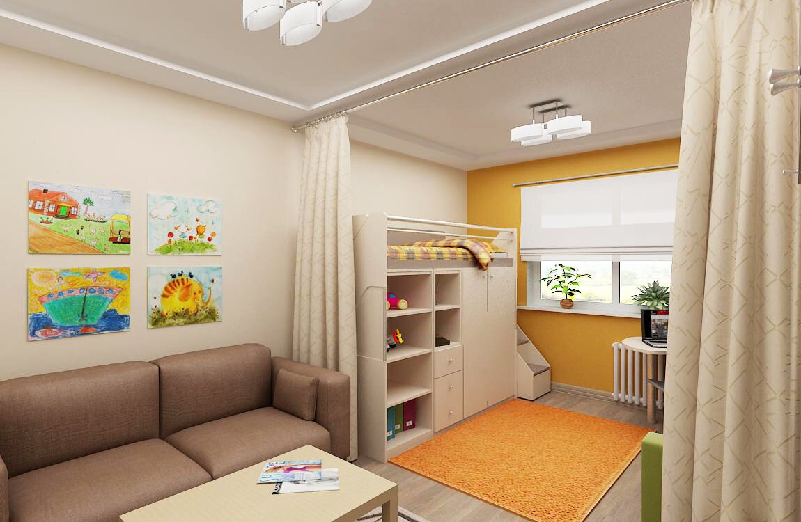 Дизайн однокомнатной квартиры с двумя детьми (66 фото)