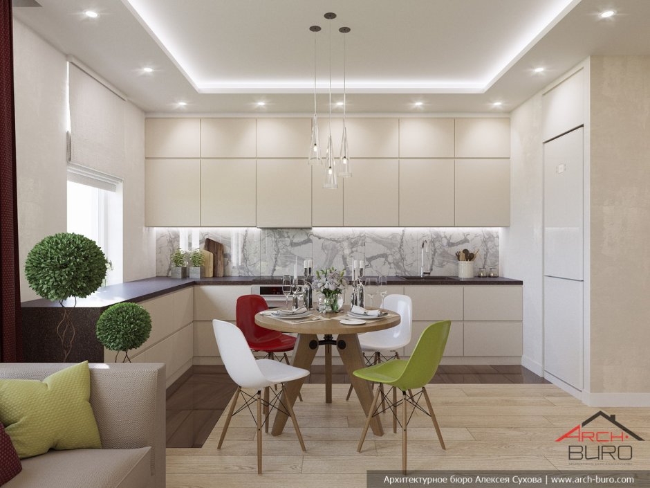 Дизайн кухни-гостиной в современном стиле в светлых тонах