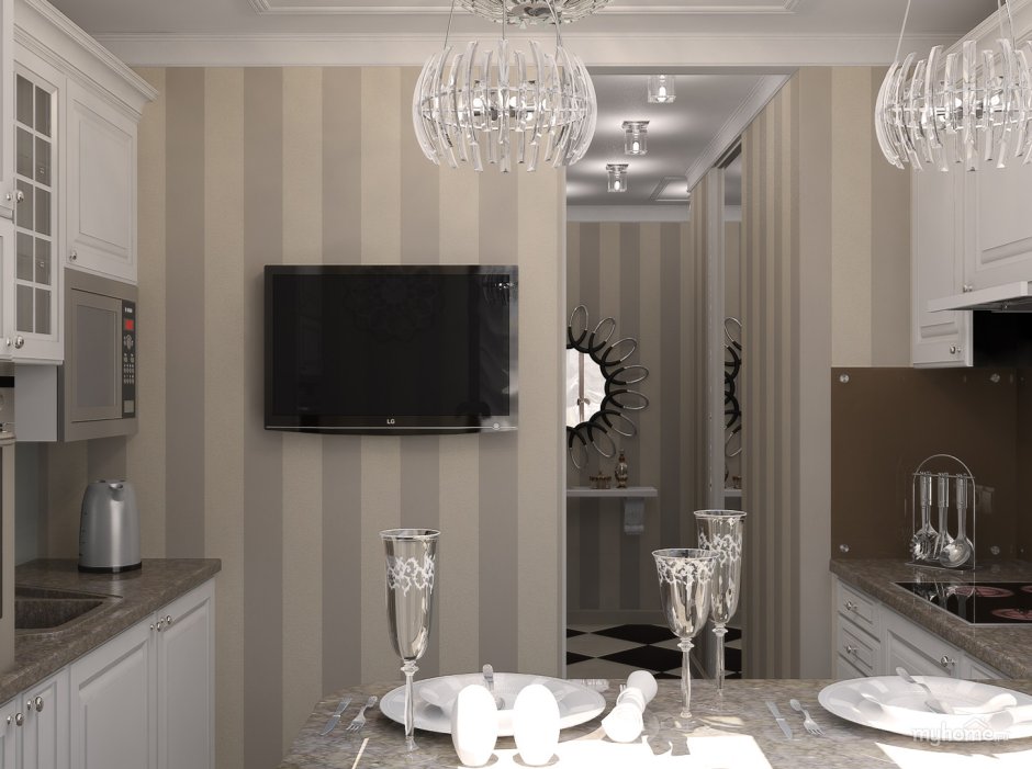 Полосатые обои в интерьере кухни