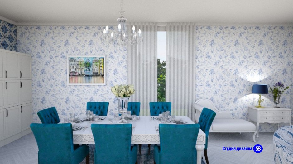 Голубые обои на кухне