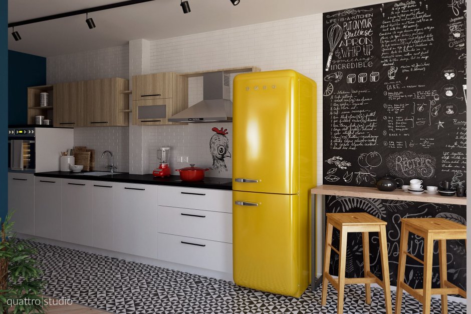 Холодильник Смег желтый в интерьере