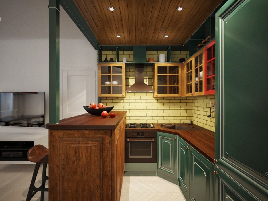 Зеленая деревянная кухня