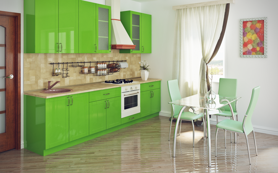 Зеленый кухонный гарнитур в интерьере