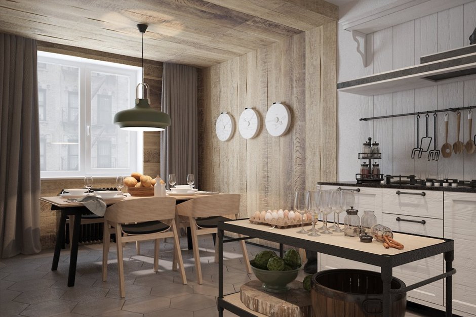 Деревянные планки на стену в интерьере кухни