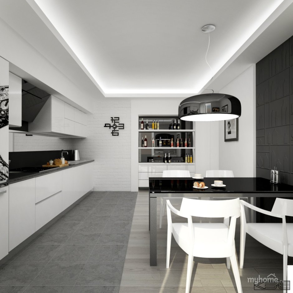 Кухня гостиная черно белая матовая