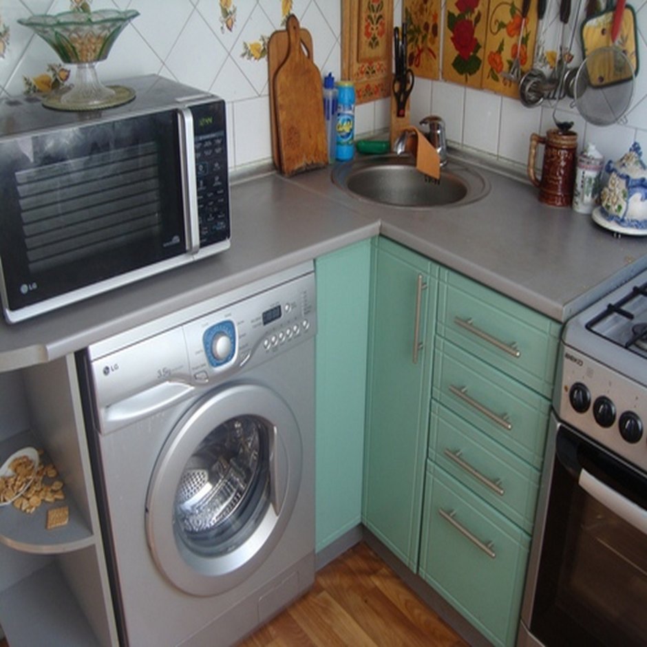 Угловая кухня для маленькой кухни со стиральной машиной