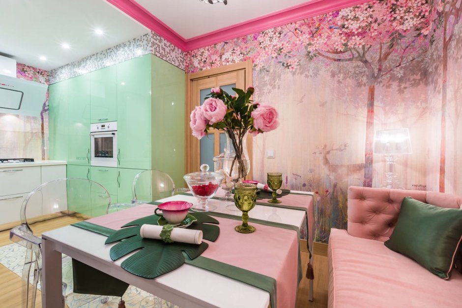 Кухня в цветочном стиле розовый