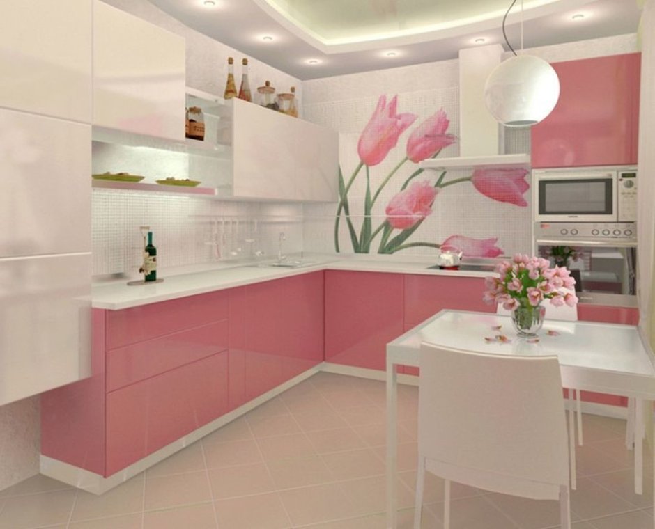 Светло розовая кухня в интерьере