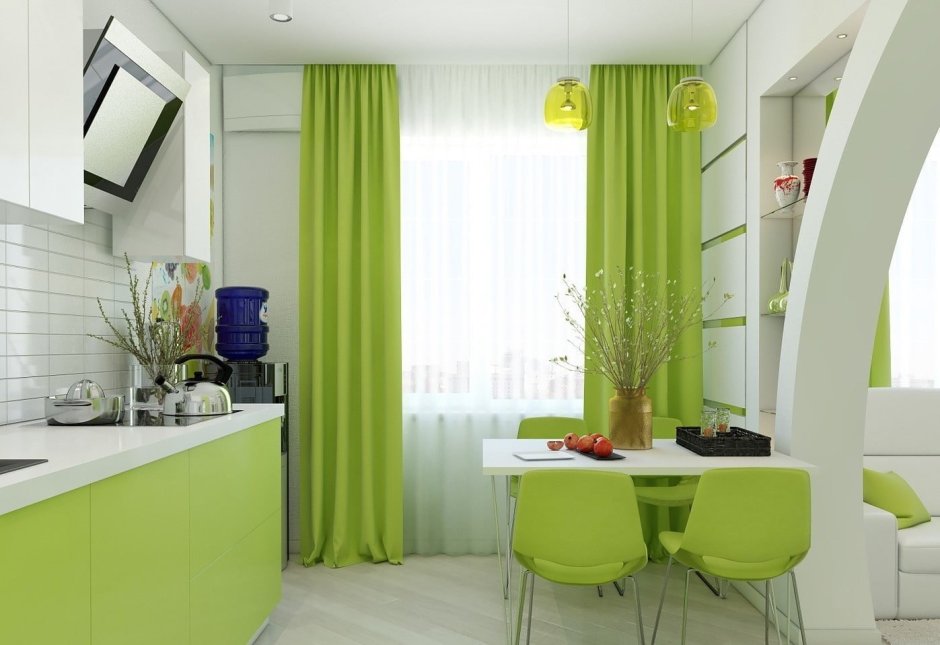 Зеленые шторы в кухню гостиную