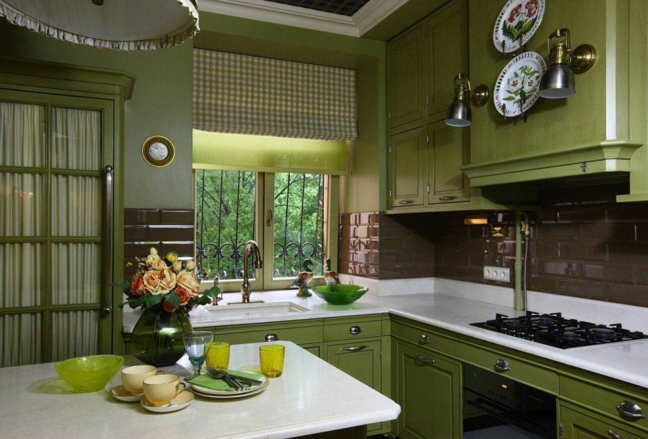 Комплект штор для кухни иллюзия 300х150 см, цв. Зеленый правая, ПЭ 100%