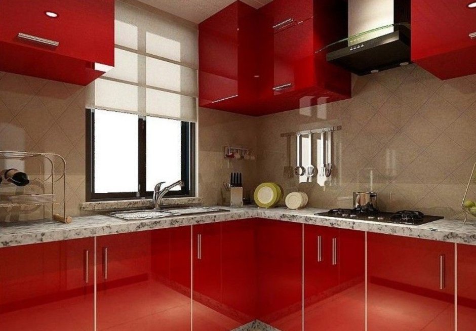 Красная кухня с черной столешницей