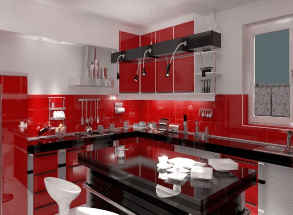Красная кухня с белой столешницей (67 фото)