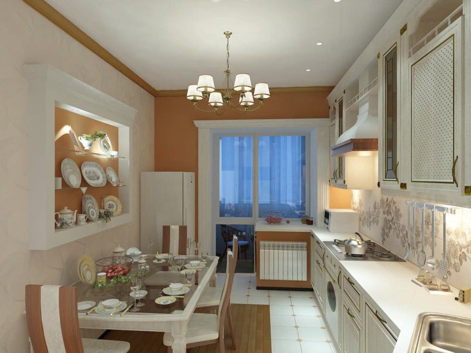 Интерьер прямоугольной кухни с балконом