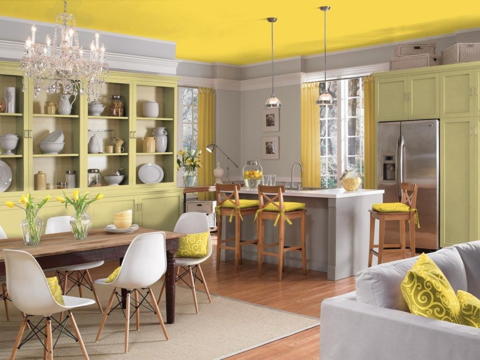 Лимонные стены на кухне