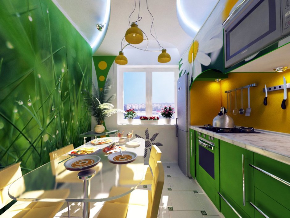 Желтая кухня с зеленым фартуком