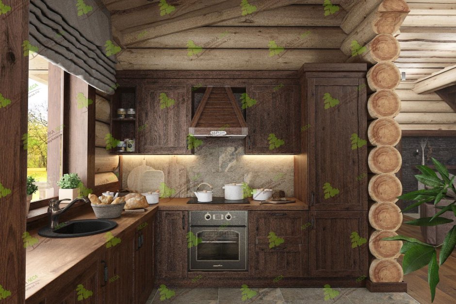 Баня с комнатой и кухней в деревенском стиле