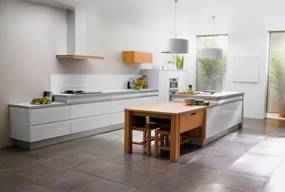 Современный дизайн кухни без верхних шкафов (65 фото)