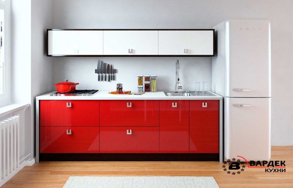 Кухонный гарнитур красно белый и чёрный фартук