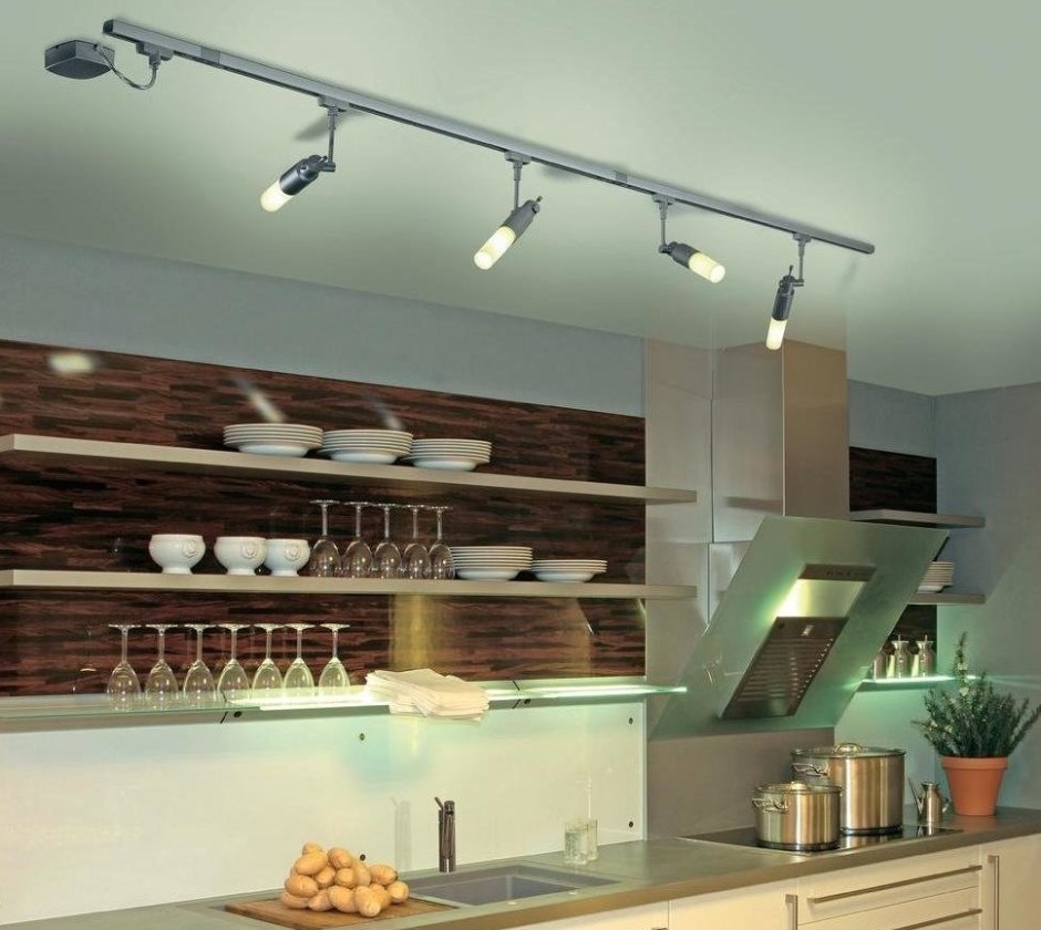 Трекинговые светильники на кухне (85 фото)