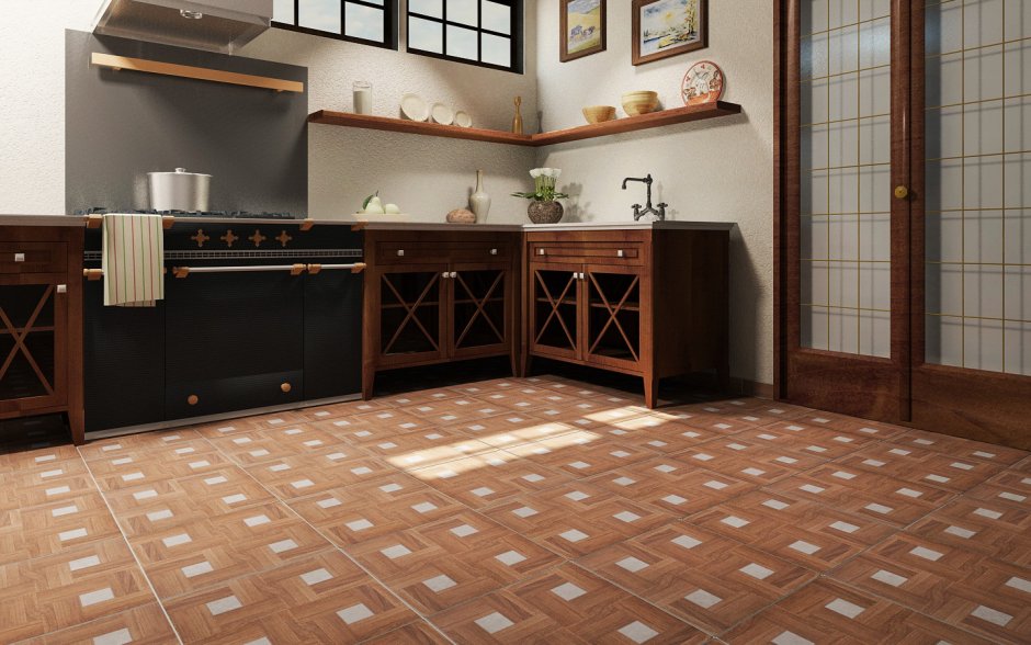 Дизайнерская цветная плитка на полу в кухне