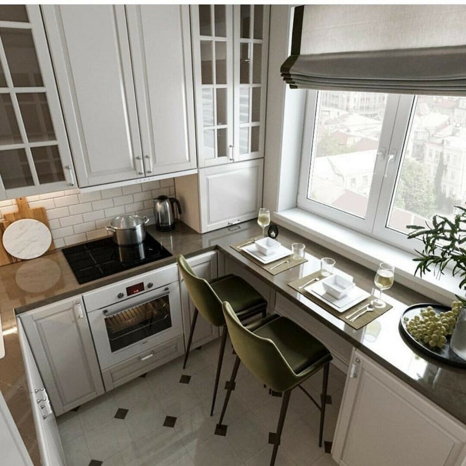 Угловая кухня со столешницей под окном (59 фото)