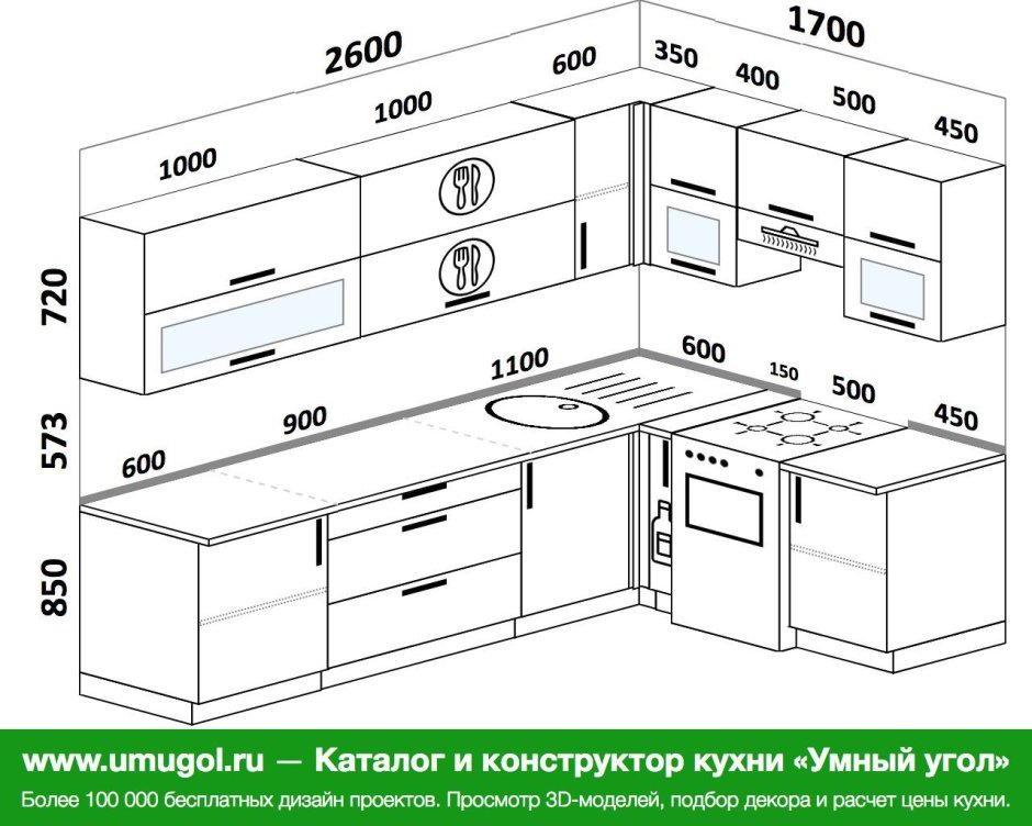 Схема угловой кухни 2х2