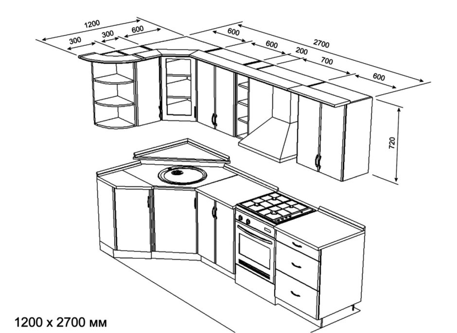 Чертеж углового кухонного гарнитура с размерами