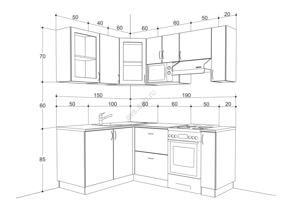 Схема кухонного гарнитура углового с размерами 6кв