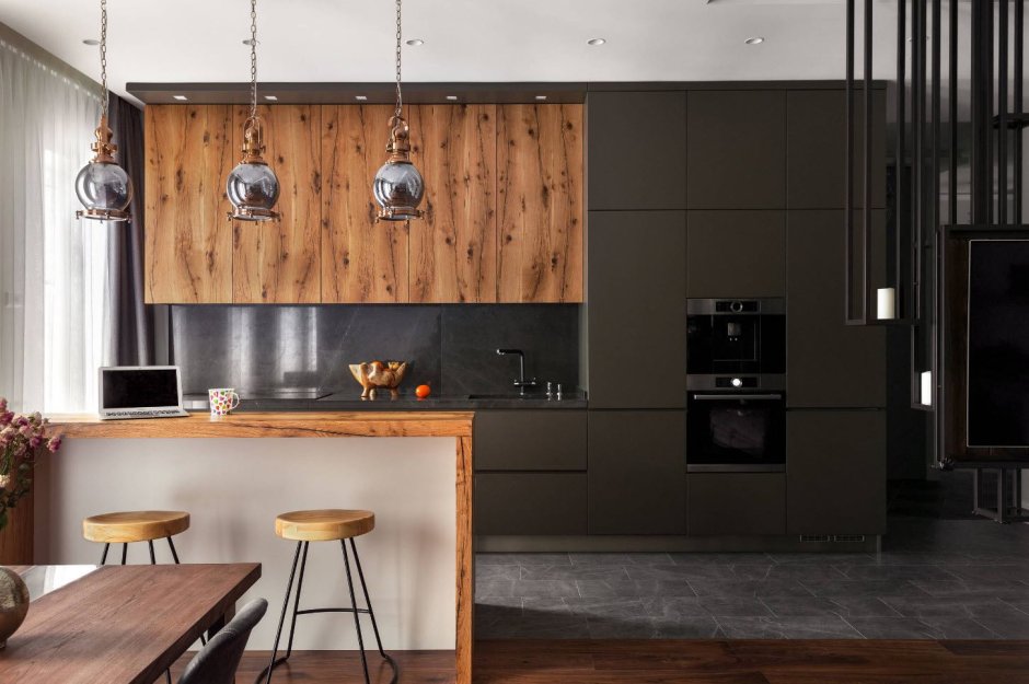 Кухня с деревянными вставками (64 фото)