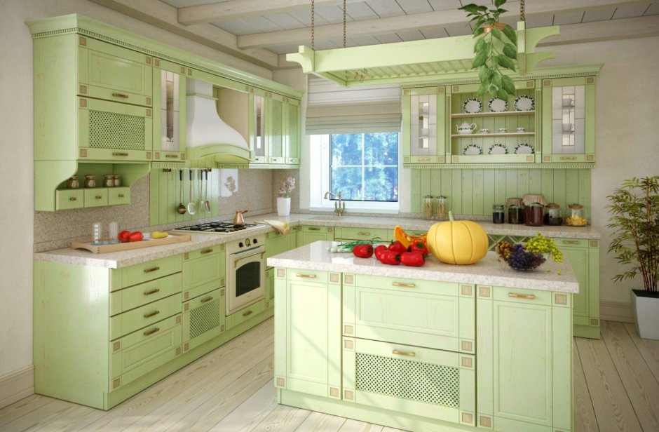 Линолеум в интерьере кухни салатового цвета