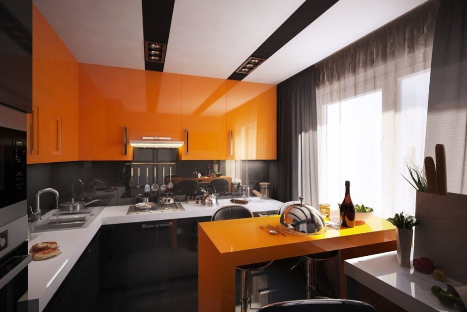 Кухня в черно оранжевом цвете