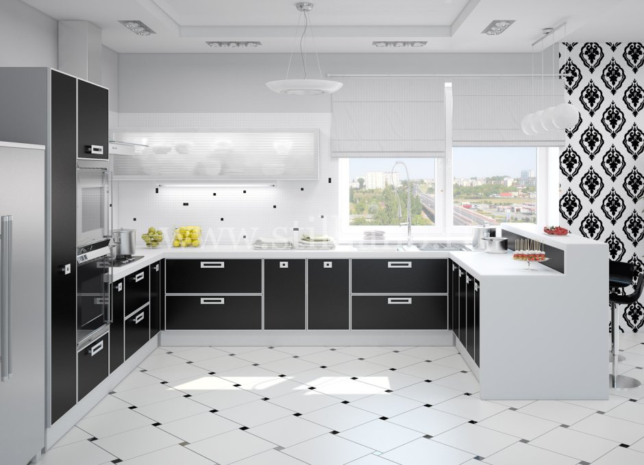 Черно белый пол на кухне