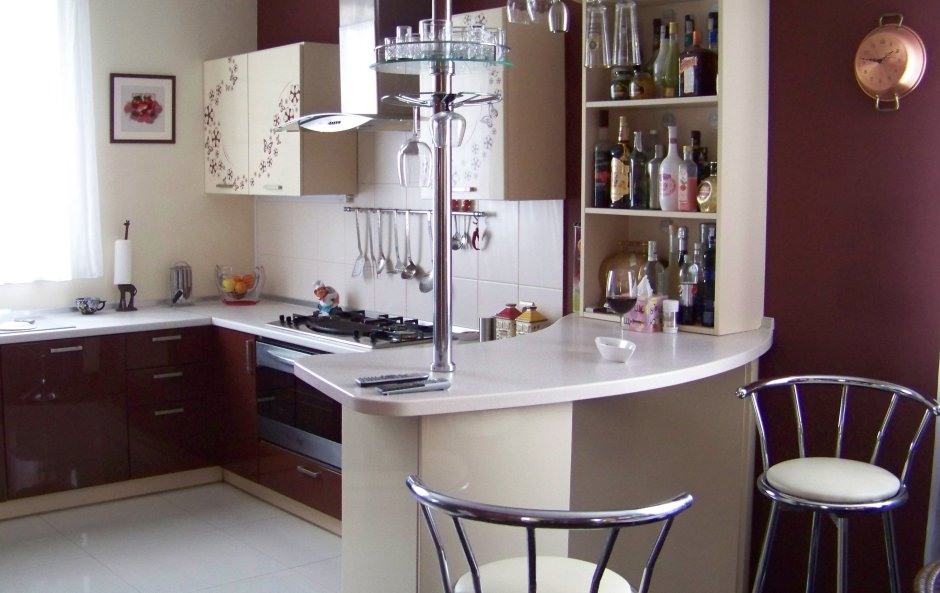 Кухонный гарнитур для маленькой кухни угловой с барной стойкой