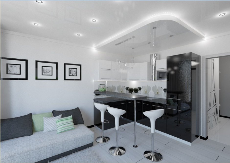 Соединение кухни студии с гостиной в чёрно-белом стиле