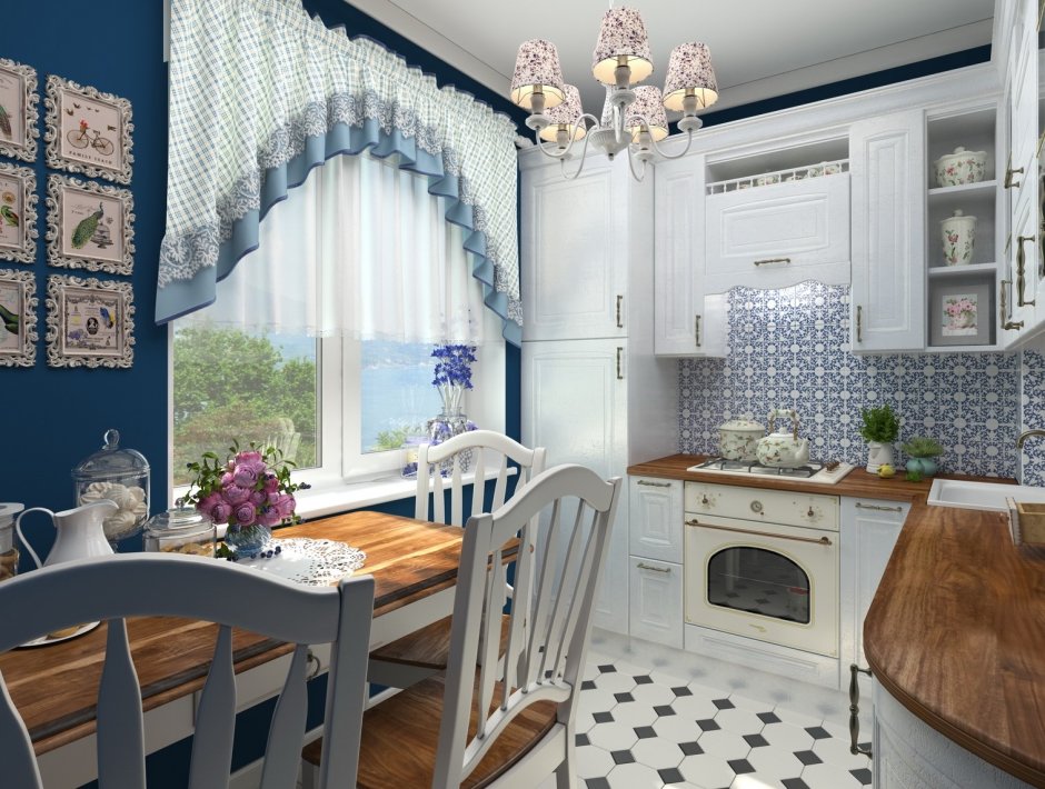 Вязанные шторы в интерьере кухни в стиле Прованс