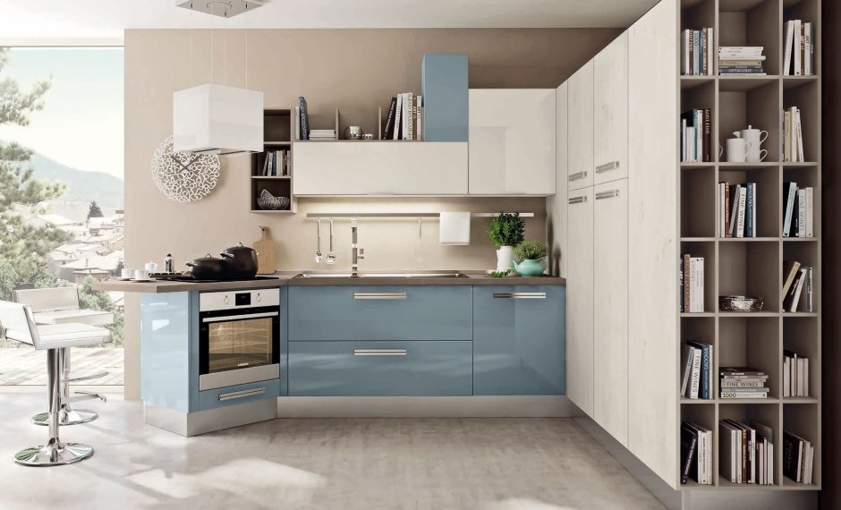 Кухонный гарнитур голубой с бежевым