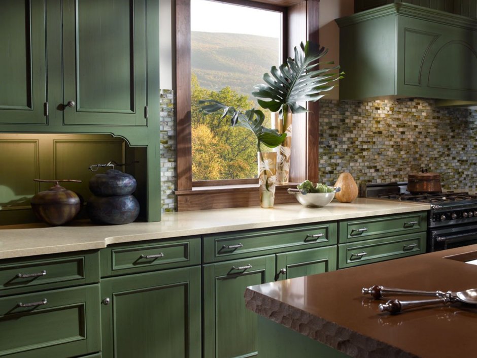 Темно зеленая матовая кухня (60 фото)