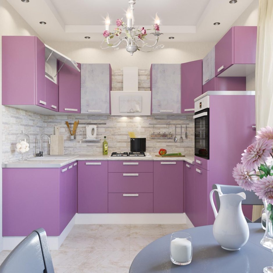Фиолетовый кухонный гарнитур в интерьере