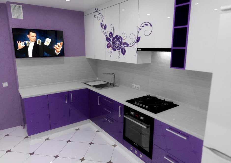 Потолки на кухне с фиолетовой мебелью