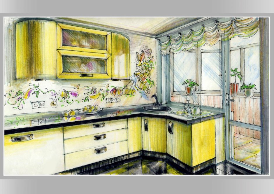 Эскиз интерьера кухни в цвете